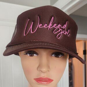 Foam Trucker Hat with Embroidered "Weekend Gir" Logo.  Chocolate Brown/Pink Logo